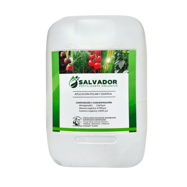 Presentación de 5 galones del fertilizante orgánico "Salvador". Fabricado en Ecuador.